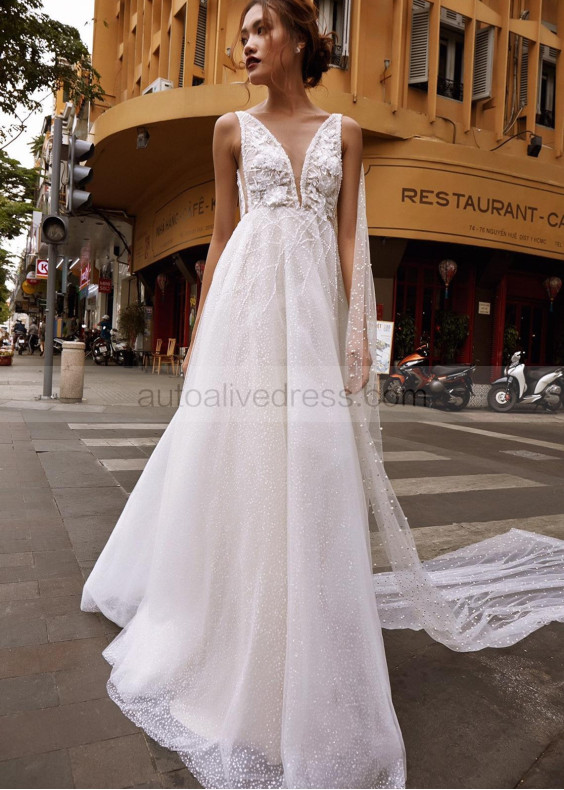 Beaded Ivory Lace Tulle Pearl Wedding Dress With Detachable Cape